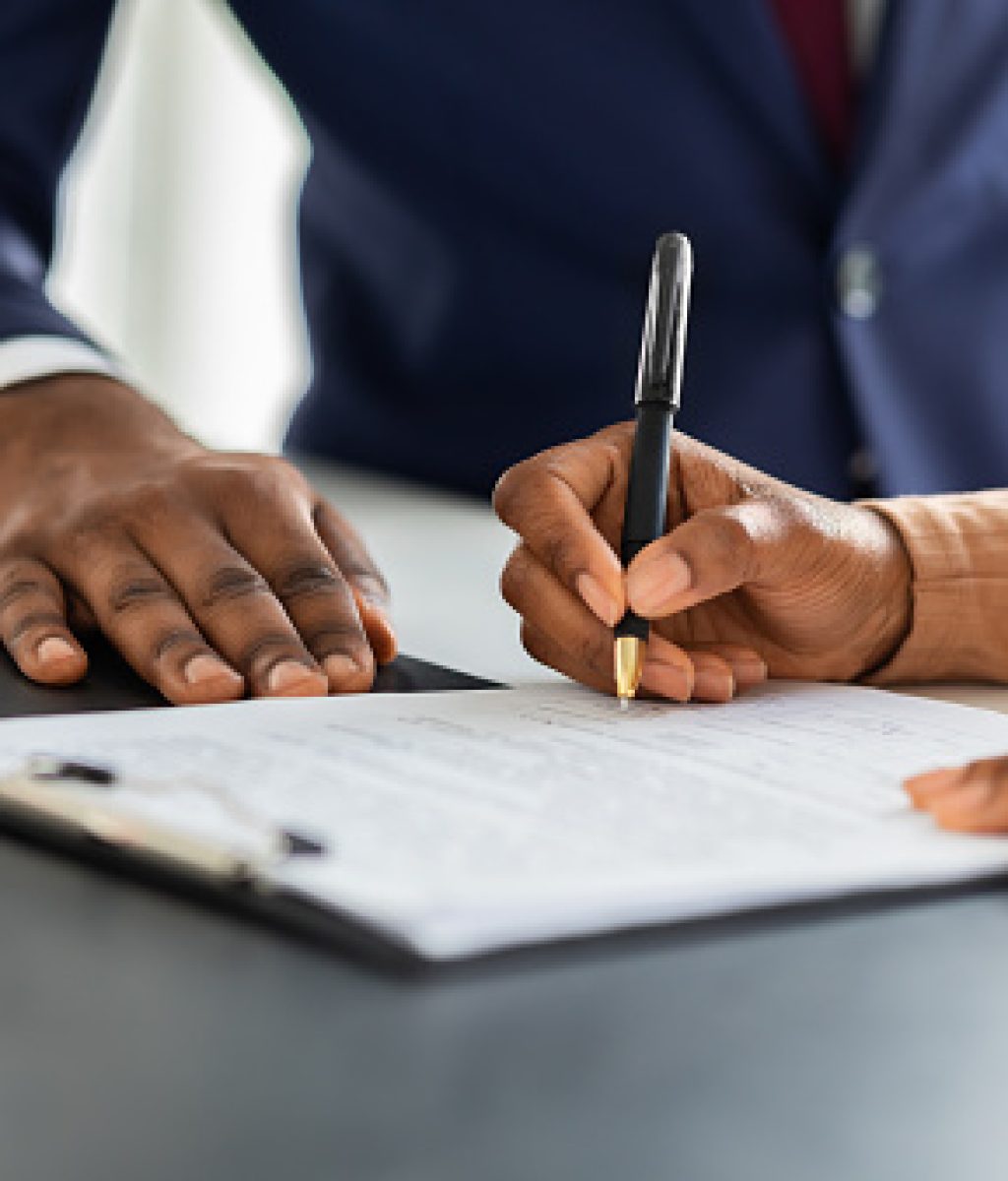 Contract Signing. Female Customer Sign Papers In Dealership Office, Unrecognizable African American Woman Client Buying New Car Or Purchasing Property, Closeup Shot, Cropped Image With Free Space